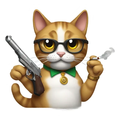 a cat with a gun, and is also smoking a cigar sticker