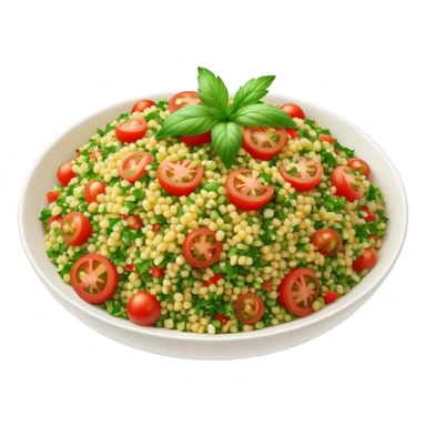 Cinematic Realistic Tabbouleh Salad Dish Emoji, showcasing a fresh herbaceous salad with bulgur, tomatoes, and parsley rendered with crisp textures and natural, vibrant lighting. sticker