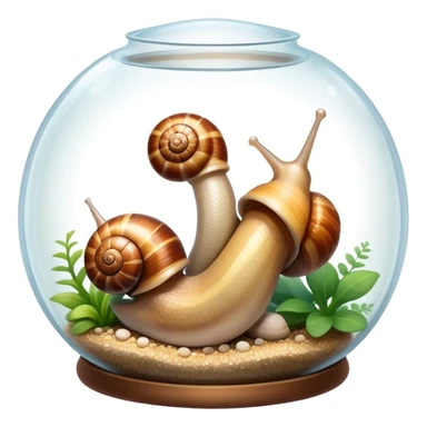 Close-up of large home snails inside a terrarium, showcasing their soft, spiral shells and glistening bodies, with a gentle light highlighting their details. Transparent background. sticker