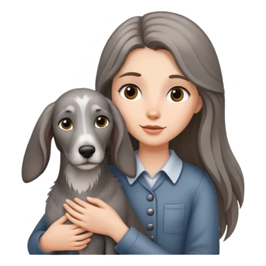 A long-haired girl holding a gray hound sticker