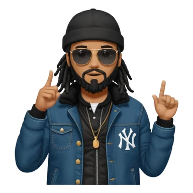 African American man with shoulder length black dreadlocks and black beard with black sunglasses wearing a black bubble winter coat with denim skinny jeans and timberland boots and a black New York Yankees baseball hat pointing finger out at someone sticker