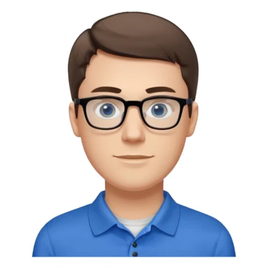 Scott The WozYoung white man, late 20s, short brown hair, blue eyes, clean-shaven, thin black rectangular glasses, slim build, wearing a blue polo shirt, friendly and energetic look. sticker