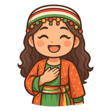 cartoon sticker of a Kurdish woman in traditional female clothing, hand on chest (salute) pose, open smile, colorful and cheerful, no text, suitable for WhatsApp and Instagram sticker