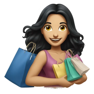 Tanned beautiful italian woman with long black hair smiling and holding bags shopping, luxury realism sticker