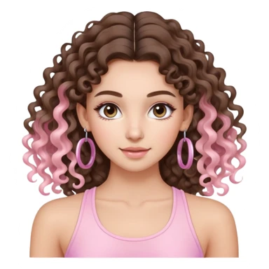 cute balayage brunette long hair curly/wavy haired girl, hoop earrings, clean girl makeup DOING pilates EXERCISE with a cute pastel pink set sticker