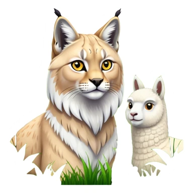 Collage of exotic animals: a lynx with striking eyes, and a fluffy alpaca standing in a lush meadow. The lynx gazes intently while the alpaca looks calm and curious. Surrounded by vibrant plants and flowers. Transparent background for a lively, colorful scene. sticker