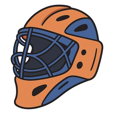 field hockey goalie helmet, orange base with royal blue accents, clean and clear, matching previous stick style, minimal and flat illustration style sticker