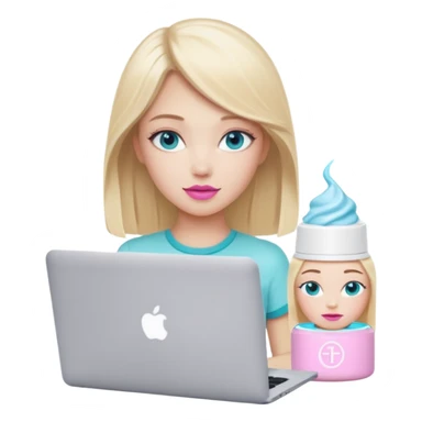 blonde long hair girl using macbook emoji. she has blue eyes and there is tatcha longevity cream (teal colour) and Summer fridays lip balm (pink sugar) in front of the laptop sticker