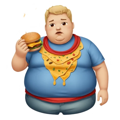 obese man eating burgers with ripped shirt and farting sticker