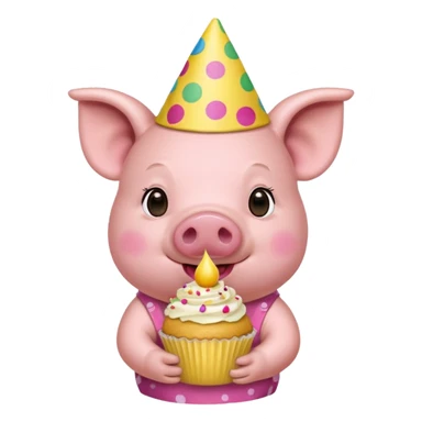 Pig with  yellow aloha shirt, birthday hat, holding a cupcake sticker