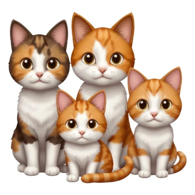 3 different coloured small cats including a dark brown tabby and white, and a patchy calico, and a ginger and white sticker