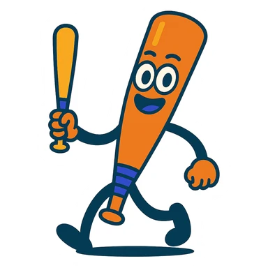 fun and lively baseball bat character with eyes, legs, and one hand holding a smaller bat sticker