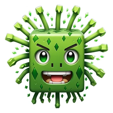 A green pixelated creeper from Minecraft, with a menacing grin and explosive particles around it, in a simple emoji style. sticker