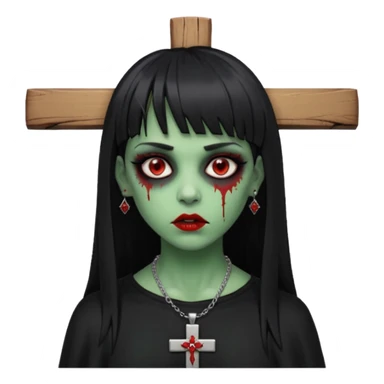 zumbi verde com olhos vermelhos sangrando e franja roupa preta e um crucifixo como colar, sem ser na testa e um piercing no nariz bem feminino a franja reta também  sticker