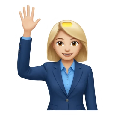 Make emoji of business woman with light skin and medium blonde hair in a dark blue business suit and light blue shirt waiving to new clients sticker