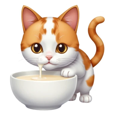 Eine Katze auf einem weißen Holzboden trinkt aus ihrem Milchnapf und hat an ihrer Nase einen Milch tropfen sticker