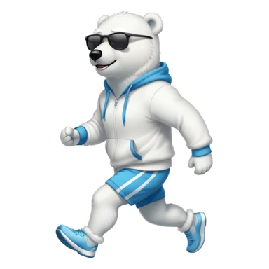 friendly anthropomorphised polar bear jogging upright wearing a hoodie and shorts, dark sunglasses sticker