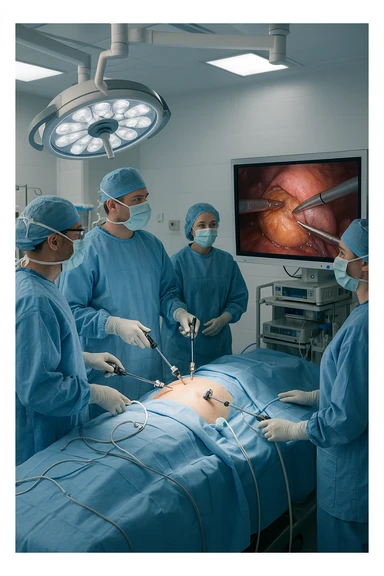 A realistic, clinical image inside a modern operating room during a laparoscopic cholecystectomy (gallbladder removal surgery). A team of surgeons in sterile gowns, masks, and gloves focus intently on the patient lying on the operating table. High-tech laparoscopic instruments are inserted through small incisions in the patient’s abdomen. On a large screen nearby, a close-up video feed shows the gallbladder being carefully dissected and removed using precise surgical tools. The environment is brightly lit with cool white surgical lights, and all medical equipment is clean and state-of-the-art. The mood is professional and sterile, conveying a sense of precision, care, and medical expertise. The patient is under anesthesia, covered with sterile drapes, with monitoring devices attached sticker