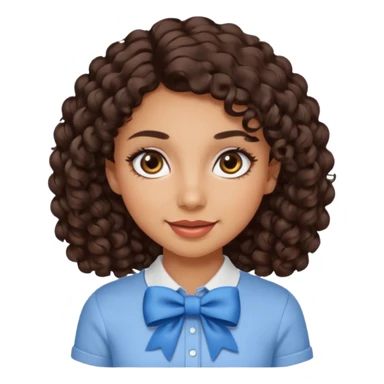 Do a Curly haired girl with dark brown hair, brown eyes, medium tan skin, big eyes and big lashes, with thin lips and add a shirt with a bow sticker