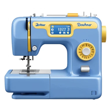 Modern Brother-style computerized sewing machine emoji, white and this yellow #FFB31E and light gray with a blue thread spool, small LCD screen and round dial, three-quarter view, soft gradients and shadows in Apple emoji style, plain light background. sticker