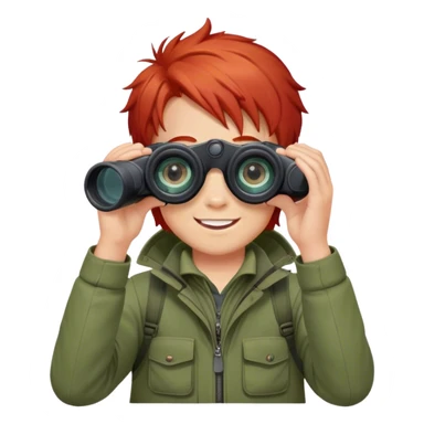 smiled boy's outdoor clothes whit red hair with binocular and white background  sticker