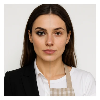 4K hyper realistic split-image: beautiful woman, left side with dramatic office makeup and attire, right side natural, homemaker apron, white background, clear contrast, symmetry. sticker