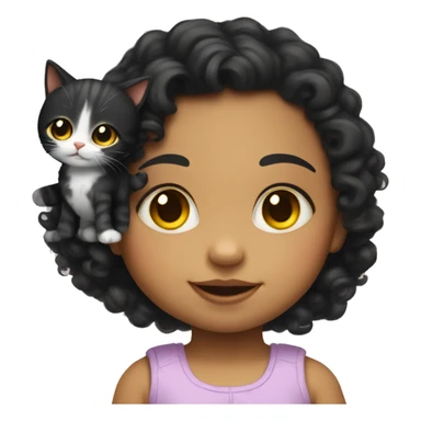 baby girl with shoulder-long black curly hair with yellow highlights and hold a cat sticker