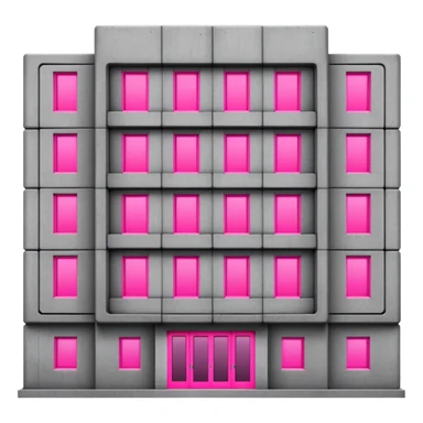 brutalist gray concrete block building with two neon pink windows and many normal windows sticker