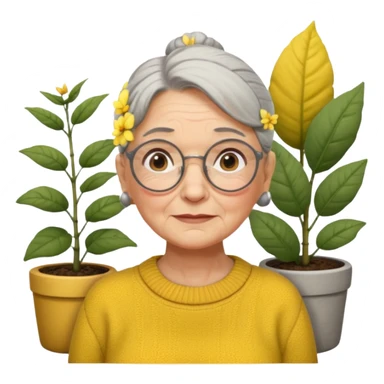 Abuela con arrugas, cabello canoso blanco en moño, expresión tierna, gafas redondas, suéter amarillo y detalles relacionados con plantas. Estilo amable y acogedor. sticker