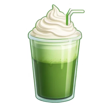 a plastic glass of matcha latte with whipped cream and green tea on top
 sticker