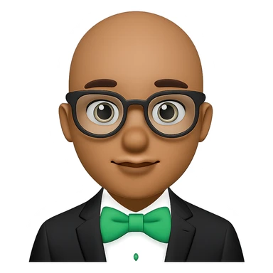 Change the man's hair to bald, keep the man with green bow tie, in apple emoji style, with no background. sticker