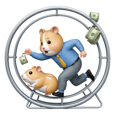 Create an emoji of a tired, overworked entrepreneur running on a hamster wheel, chasing a floating dollar sign or a bag of money. The character has dark circles under their eyes, looks exhausted, and appears stuck in an endless cycle. The hamster wheel represents constant struggle, while the money is always just out of reach. The style should be clean and easily recognizable as an emoji

 sticker
