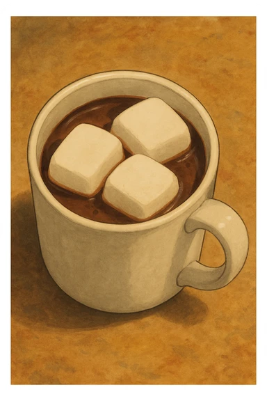 birds eye view of realistic hot chocolate white mug with three big marshmallows in it sticker