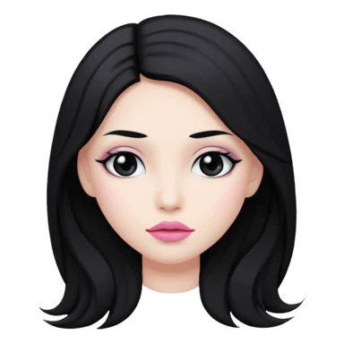 hair long black normal hair with black eyes, and white skin, white pinkish lip  sticker