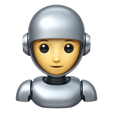 A cute futuristic robot emoji made of silver chrome, rounded friendly body, minimal facial features, glossy metallic surface, soft reflections, iOS emoji style, centered, clean white background sticker