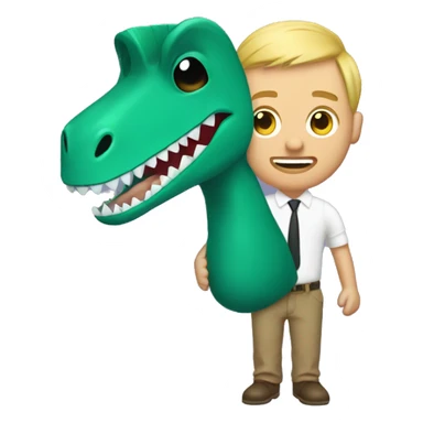 Blonde, balding man, with a dinosaur sock puppet on his hand sticker