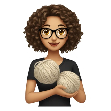 pretty Hispanic woman with long brown curly hair holding one ball of yarn with both arms wearing a black shirt and black glasses sticker
