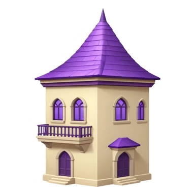 a single tall seclusion tower with large windows above, a purple roof and cream walls, and no entrance sticker