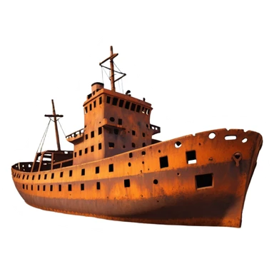 rusted ship wreck, heavily corroded metal hull, orange-brown rust textures, abandoned old ship, weathered surface, dramatic lighting, cinematic atmosphere, 3D cartoon style, mobile game environment art, clean composition, no people, no text, no watermark
 sticker