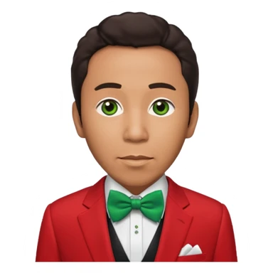Smokey Robinson with dark brown hair, red suit with bow tie, green eyes sticker