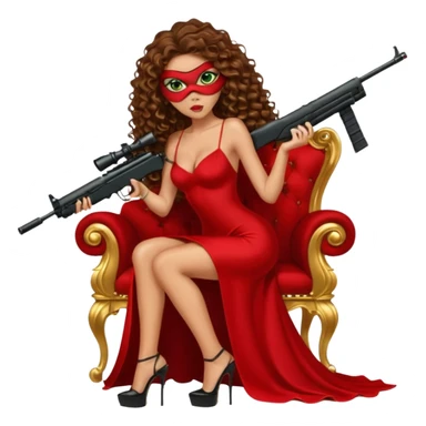 Drug dealer female green eyes symbol.  hair is brown curly long hair. sexy long with long red and black dress and face cover on that covers her mouth only. black stiletto platform high heels shoes on. Holding sniper rifle sitting on a gold throne. sticker