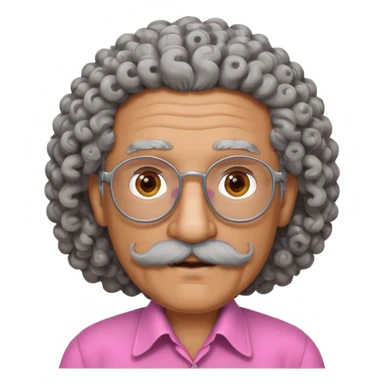 old guy with very curly hair and brown shades and big  pink mustache sticker