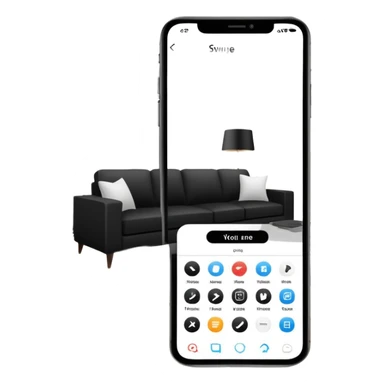 smartphone with interior design style quiz app showing swipe left and right arrows between modern and traditional living room styles sticker