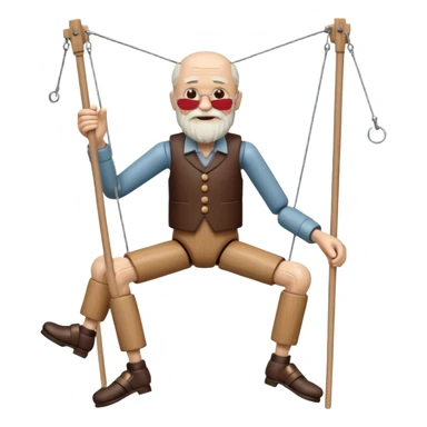 3D render of Old Man Puppet as a wooden marionette puppet, Carved wood beard, silver metal screw joints at elbows and knees, polished brown wood texture, rigid toy pose, emoji style, isolated on white background --v 6.0. sticker