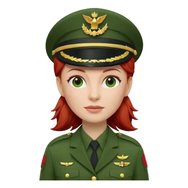 iOS Memoji style, white woman, red hair, green military officer uniform, peaked cap, 3D render, white background. sticker