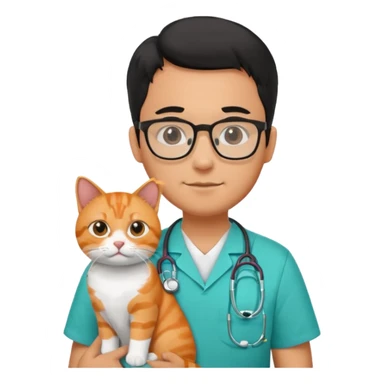 Veterinario hombre trigueño con lentes, con cabello negro, y con uniforme veterinario color verde turquesa y estetoscopio  cargando un gato naranja sticker
