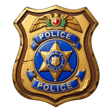 cinematic - aesthetic brilliant divine lighting, oil paint - antique police badge rusty, crumpled and broken sticker