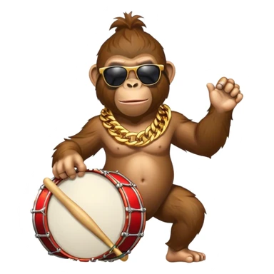 ape with big golden chain on the neck wearing sunglasses plays drum full heighth sticker
