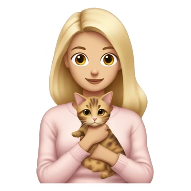 blonde girl wearing a pale pink sweater  holding a tortoiseshell cat with a white belly sticker