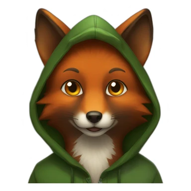 a small dark brown fox with orange eyes with a dark green hood that smile sticker